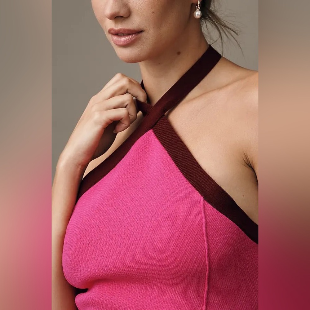 Women's Pink Halter Knit Tank with Brown Trim - Picture 3 of 6